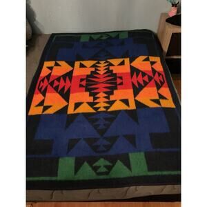 Vintage Biederlack Aztec Blanket Blue Green Red Orange 74x54 Colorful